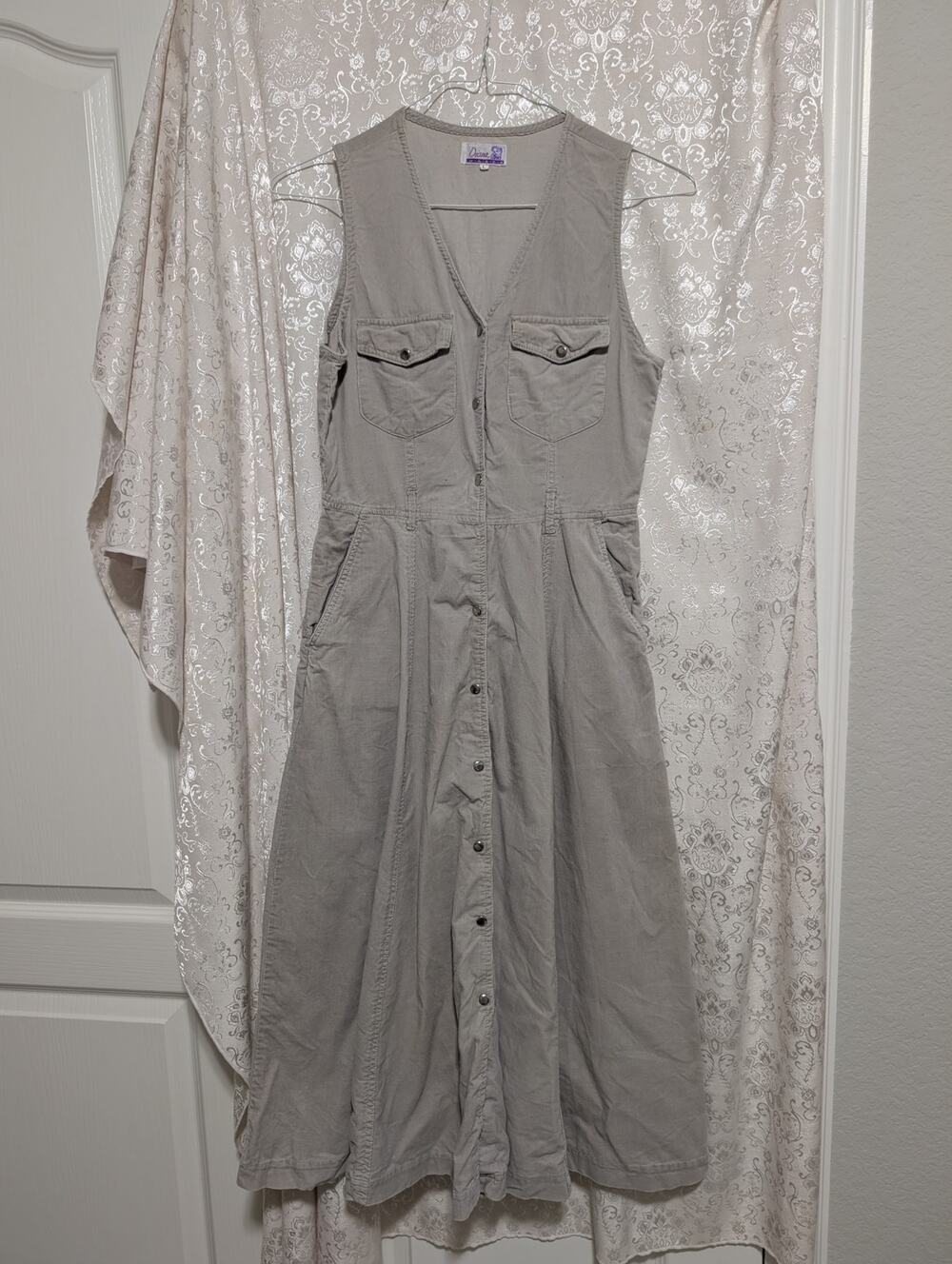 Vintage 90s Diana Marcotte Corduroy Snap Front Midi Vest Dress Khaki
